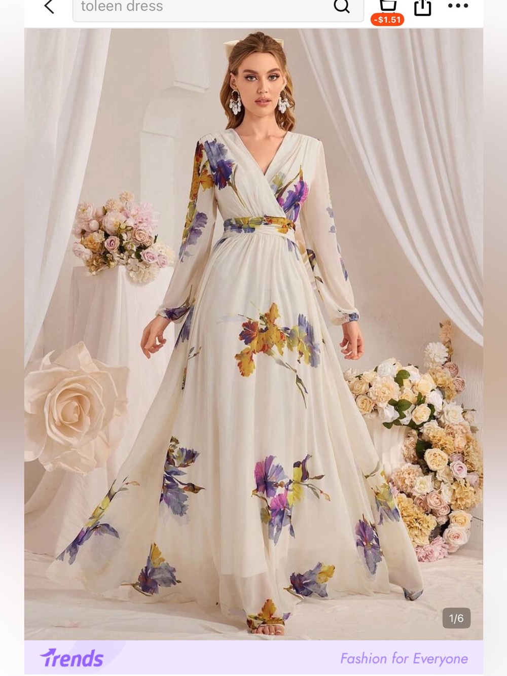 Floral V-Neck Long Sleeve Maxi Dress in Ivory with Purple & Yellow Blooms